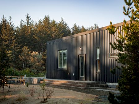 A modern black cabin with large windows sits in a forested area, surrounded by trees and outdoor seating.