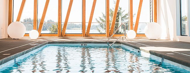 An indoor pool with a wooden ceiling, large angled windows, and modern seating. The view outside has greenery and open sky.