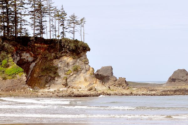 A beach scene with a rocky cliff, trees on top, gentle waves, and sandy shore, viewed under a clear sky.