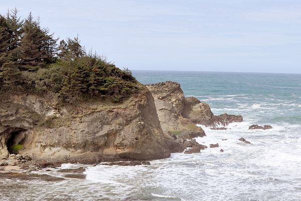 A coastal scene with rocky cliffs, waves hitting the shore, and lush greenery in the foreground under a clear sky.