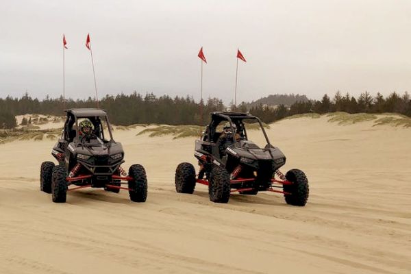 Two off-road vehicles with flags are driving on sandy terrain, with a line of trees in the background under a cloudy sky.