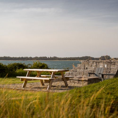 A picnic table and chairs near a stone fire pit overlook a scenic body of water, surrounded by grass and trees.