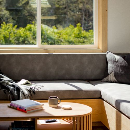 A cozy corner with a gray sofa, wooden coffee table, books, and a mug by a window overlooking greenery.