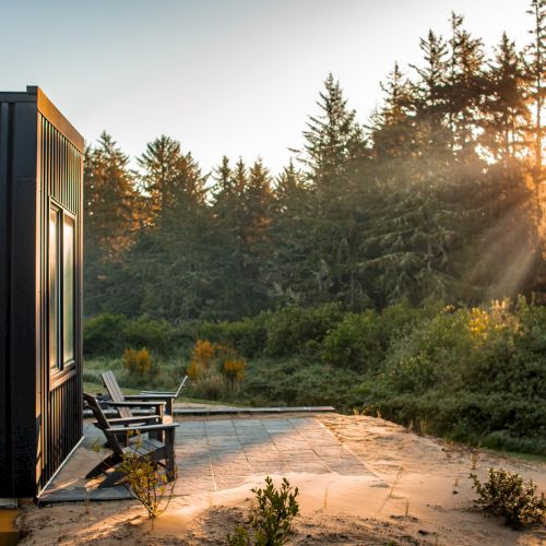 A modern black building with deck chairs is situated amidst lush greenery and tall trees, with the sun setting in the background.