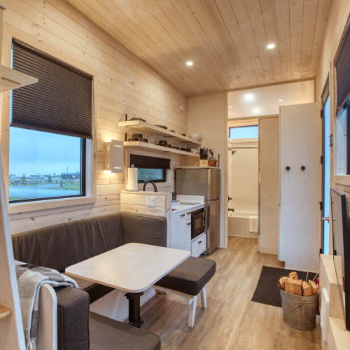 This image shows the interior of a compact, modern tiny home with a cozy living area, kitchenette, and ladder leading to a loft.