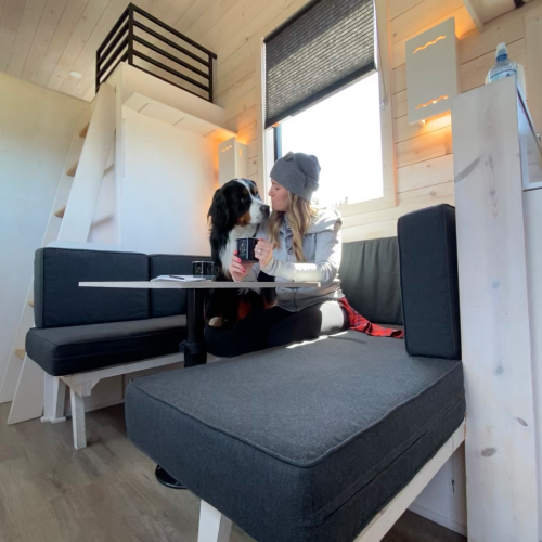 A woman and a dog are sitting in a cozy, modern tiny house living area with a loft bed and natural light streaming in.