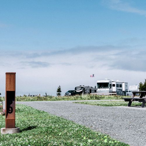 A gravel campground with RVs is set against a clear sky; a post marked 