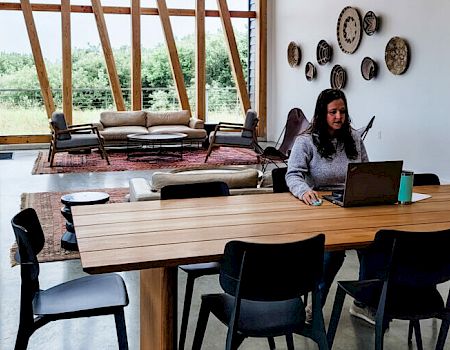 A person works on a laptop at a wooden table in a modern space with wall art, large windows, and sofa seating.